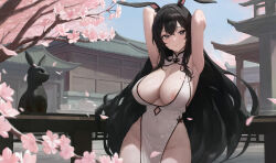Rule 34 | 1girl, absurdres, animal ears, areola slip, armpits, bare shoulders, black eyes, black hair, blush, breasts, cherry blossoms, china dress, chinese clothes, cleavage, closed mouth, crossed bangs, day, dress, highres, kiek qaq, large breasts, long hair, looking at viewer, no panties, original, outdoors, rabbit ears, sleeveless, sleeveless dress, smile, solo