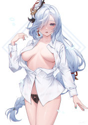 Rule 34 | 1girl, aqua nails, black panties, blue eyes, blush, braid, breasts, breasts apart, collared shirt, cowboy shot, dress shirt, earrings, genshin impact, hair ornament, hair over one eye, hayate (leaf98k), highres, jewelry, lace, lace panties, large breasts, long hair, long sleeves, looking at viewer, low-braided long hair, low-tied long hair, nail polish, no bra, no pants, open clothes, open mouth, panties, shenhe (genshin impact), shirt, simple background, solo, tassel, tassel earrings, teeth, thighs, unbuttoned, unbuttoned shirt, underwear, upper teeth only, very long hair, white background, white hair, white shirt