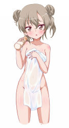 Rule 34 | 10s, 1girl, :o, alternate hairstyle, blush, breasts, brown eyes, brown hair, commentary request, covered navel, covering privates, double bun, girls und panzer, hair bun, looking at viewer, milk, nagarakawa shiraku, naked towel, nude, nude cover, onsen, shimada arisu, short hair, simple background, small breasts, solo, standing, towel, white background