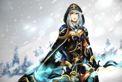 Rule 34 | 1girl, armor, armored dress, arrow (projectile), ashe (league of legends), bow, brooch, cape, cowboy shot, green gemstone, fir tree, gem, hannah santos, hood, hoodie, jewelry, league of legends, looking at viewer, motion blur, plant, signature, snow, solo, standing, tree, upper body, watermark, weapon, white hair