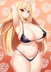 Rule 34 | 1girl, :o, areola slip, armpits, arms behind head, arms up, belly, bikini, black bikini, blonde hair, breasts, cowboy shot, curvy, food, gradient background, highres, huge breasts, long hair, looking at viewer, minai asami, open mouth, orange background, orange eyes, original, pizza, pizza print, plump, skindentation, solo, sweatdrop, swimsuit, thick thighs, thighs, zasuta