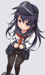 Rule 34 | 10s, 1girl, akatsuki (kancolle), anchor symbol, black hair, black pantyhose, black skirt, blue eyes, blush, brown footwear, closed mouth, clothes lift, crotch seam, embarrassed, flat cap, hair between eyes, hat, kantai collection, lifted by self, long hair, long sleeves, looking away, neckerchief, panties, panties under pantyhose, pantyhose, pleated skirt, purple eyes, red neckerchief, sailor collar, school uniform, serafuku, shoes, simple background, skirt, skirt lift, solo, standing, underwear, youkan