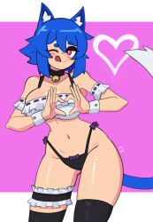 Rule 34 | 1girl, absurdres, animal ear fluff, animal ears, bell, black panties, black thighhighs, blue hair, blush, bow, bowtie, cat ears, cat girl, cat tail, choker, closed mouth, collarbone, cowboy shot, doce, female focus, freckles, hair between eyes, half-closed eyes, heart, heart-shaped boob challenge, highres, jingle bell, looking at viewer, navel, one eye closed, original, panties, pink background, pink eyes, short hair, smile, solo, tail, thigh strap, thighhighs, tongue, tongue out, underwear, wink, wrist cuffs, xiao (docecaedrus)