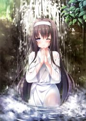 Rule 34 | 1girl, :&gt;, absurdres, black hair, blush, breasts, closed mouth, hairband, highres, leaf, long hair, medium breasts, one eye closed, original, own hands together, partially submerged, purple eyes, rinka (yuyutei), robe, scan, solo, standing, very long hair, wading, water, waterfall, wet, wet clothes, wet hair