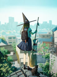 Rule 34 | 1girl, absurdres, backpack, bag, black hat, black socks, blue sailor collar, blue skirt, blurry, blurry background, broom, brown hair, building, charm (object), city, cityscape, commentary request, day, from behind, hat, highres, holding, holding broom, house, long hair, omegu, original, outdoors, sailor collar, scenery, school uniform, serafuku, short sleeves, skirt, sky, socks, solo, witch, witch hat