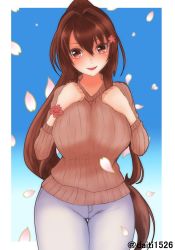 Rule 34 | 1girl, blue background, border, breasts, brown hair, brown sweater, cherry blossoms, commentary request, cowboy shot, daichi (daiti1318), flower, gradient background, hair flower, hair ornament, highres, kantai collection, large breasts, long hair, looking at viewer, official alternate costume, panties, petals, ponytail, ribbed sweater, smile, solo, standing, sweater, thigh gap, twitter username, underwear, white border, white panties, yamato (kancolle)