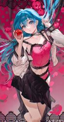 Rule 34 | 1girl, apple, black skirt, blue eyes, blue hair, breasts, camisole, chinese commentary, commentary request, fingernails, floating hair, food, fruit, hair between eyes, hands up, hatsune miku, highres, holding, holding food, holding fruit, lace, lace-trimmed camisole, lace-trimmed panties, lace trim, long hair, long sleeves, looking at viewer, medium breasts, open clothes, open shirt, panties, parted lips, partially undressed, pink background, pink camisole, pink panties, pleated skirt, polka dot camisole, red apple, romeo to cinderella (vocaloid), rumoon, shirt, skirt, solo, underwear, very long hair, vocaloid, weibo logo, weibo watermark, white shirt
