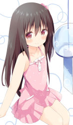 Rule 34 | 1girl, absurdres, adachi tenka, bare arms, bare shoulders, black hair, blush, bow, brown eyes, closed mouth, collarbone, commentary request, dress, hair between eyes, hair bobbles, hair ornament, highres, long hair, nakkar, one side up, pink dress, polka dot, polka dot dress, shoujo ramune, sitting, sleeveless, sleeveless dress, smile, solo, very long hair, white background, white bow, wind chime