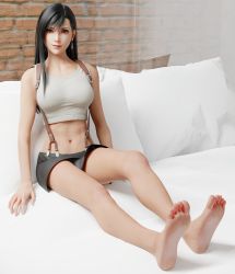 Rule 34 | 1girl, 3d, absurdres, artist request, bare arms, bare legs, barefoot, black eyes, black hair, breasts, feet, final fantasy, final fantasy vii, highres, large breasts, looking at viewer, navel, panties, smile, solo, tifa lockhart, underwear
