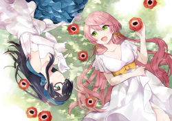 Rule 34 | 2girls, akashi (kancolle), alternate costume, bandana, bare shoulders, black-framed eyewear, black hair, closed mouth, commentary request, dress, elbow gloves, flower, frilled dress, frills, from above, glasses, gloves, grass, green eyes, hair between eyes, hair ribbon, holding, holding flower, ishita (sunagimomo), kantai collection, long hair, looking at another, lying, multiple girls, ooyodo (kancolle), open mouth, pink hair, red flower, ribbon, shadow, short sleeves, straight hair, tree shade, tress ribbon, white dress, white gloves, yellow ribbon