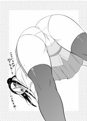 Rule 34 | 1girl, ass, bent over, blush, dr.p, greyscale, kneepits, long hair, monochrome, panties, solo, thighhighs, trefoil, underwear, upskirt