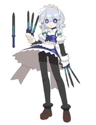 Rule 34 | 1girl, absurdres, apron, blue eyes, blue skirt, blue vest, braid, brown footwear, cheri zao, collared shirt, commentary request, full body, grey hair, hairband, highres, holding, holding knife, izayoi sakuya, joints, knife, long hair, looking at viewer, maid apron, mary janes, mechanization, parted lips, puffy short sleeves, puffy sleeves, robot girl, robot joints, shirt, shoes, short sleeves, simple background, skirt, solo, touhou, twin braids, vest, white apron, white background, white hairband, white shirt