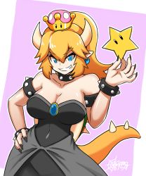 Rule 34 | 1girl, armlet, artist name, bare shoulders, black collar, black dress, black nails, blonde hair, blue eyes, bowsette, bracelet, breasts, brooch, cleavage, collar, collarbone, crown, dress, earrings, fang, fingernails, grin, hair between eyes, hand on own hip, highres, horns, jewelry, kumo (kumo8159), large breasts, long hair, mario (series), nail polish, new super mario bros. u deluxe, nintendo, pointy ears, ponytail, sharp fingernails, smile, solo, spiked armlet, spiked bracelet, spiked collar, spikes, star (symbol), strapless, strapless dress, super crown, tail, thick eyebrows, turtle shell, v-shaped eyebrows