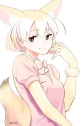 Rule 34 | 1girl, animal ears, artist name, blonde hair, bob cut, bow, bowtie, brown eyes, closed mouth, commentary, dated, fennec (kemono friends), fox ears, fox tail, gloves, horikou, kemono friends, looking at viewer, pink sweater, short hair, short sleeves, simple background, smile, solo, sweater, tail, upper body, v-neck, white background, yellow bow, yellow bowtie, yellow gloves