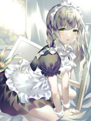 Rule 34 | 1girl, absurdres, apron, between legs, black dress, breasts, brown hair, commentary, curtains, dress, flower, frilled apron, frills, green eyes, hair between eyes, hand between legs, highres, long hair, looking at viewer, maid, maid apron, maid headdress, original, parted lips, puffy short sleeves, puffy sleeves, rhea (0u0), short sleeves, small breasts, solo, symbol-only commentary, white apron, window, wrist cuffs, yellow flower