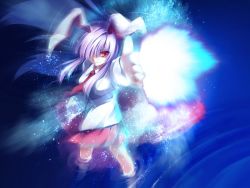 Rule 34 | 1girl, animal ears, arm up, blue background, breasts, closed mouth, collared shirt, female focus, firing, floating hair, foreshortening, from above, glowing, hair over one eye, imperishable night, light, light particles, light rays, long hair, long sleeves, looking at viewer, looking up, medium breasts, motion blur, necktie, outstretched arm, photokinesis, pink skirt, pleated skirt, pointing, pointing at viewer, purple hair, rabbit ears, red eyes, red necktie, reisen udongein inaba, resized, ripples, shirt, sidelocks, skirt, smile, solo, standing, tateha (marvelous grace), touhou, wading, white shirt, wind