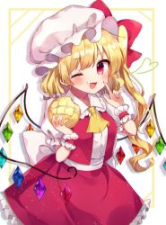 Rule 34 | 1girl, ;d, ascot, bread, crystal, fang, flandre scarlet, food, food on face, hat, holding, holding food, index finger raised, long hair, looking at viewer, melon bread, mob cap, moshihimechan, one eye closed, one side up, open mouth, red eyes, red skirt, red vest, shirt, short sleeves, skirt, smile, solo, standing, touhou, vest, white background, white hat, white shirt, wings, wrist cuffs, yellow ascot