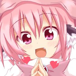Rule 34 | 1girl, :d, fang, female focus, happy, heart, lowres, marimo (artist), mystia lorelei, oekaki, open mouth, own hands together, pink eyes, pink hair, portrait, smile, solo, tegaki, touhou