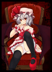 Rule 34 | 1girl, bat wings, black thighhighs, blush, border, chair, feet on chair, female focus, hair ribbon, hat, head rest, highres, looking at viewer, off shoulder, panties, panty pull, pointy ears, red eyes, remilia scarlet, revision, ribbon, short hair, silver hair, sitting, smile, solo, thighhighs, touhou, underwear, utakata (kochou no yume), white panties, wings, wrist cuffs