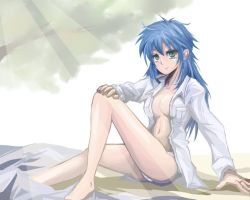 Rule 34 | 1girl, barefoot, blue hair, breasts, dew (dewichi), green eyes, hair down, leona heidern, light smile, long hair, looking at viewer, messy hair, navel, no bra, open clothes, open shirt, panties, shirt, sideboob, sitting, smile, solo, the king of fighters, underwear, white panties