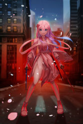 Rule 34 | 1girl, absurdres, blue eyes, blurry, breasts, cello0702, commentary request, dress, full body, hair ornament, highres, holding, holding sword, holding weapon, japanese clothes, katana, long hair, long sleeves, looking at viewer, original, petals, pink dress, pink hair, pink ribbon, ribbon, road, signature, smile, solo, standing, street, sword, weapon