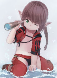Rule 34 | 1boy, black panties, boots, braid, brown hair, ell, final fantasy, final fantasy xiv, green eyes, holding, lalafell, long hair, male focus, navel, one eye closed, panties, pointy ears, ponytail, red thighhighs, sash, single braid, smile, solo, telescope, thighhighs, underwear, water