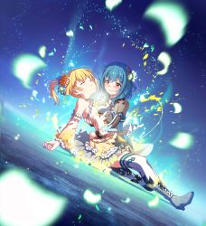 Rule 34 | 10s, 2girls, battle girl high school, blonde hair, blue hair, carrying, carrying under arm, crying, closed eyes, flower, hair flower, hair ornament, highres, kougami kanon, kunieda shiho, lying, multiple girls, petals, short hair, spoilers, thighhighs, torn clothes, transformation, twintails, yellow eyes