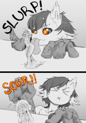 Rule 34 | &gt; &lt;, 2koma, :x, bankage, black sclera, blush, closed eyes, colored sclera, comic, dragon girl, endless library, flat chest, horns, kipuka, licking, marmalade, mini person, minigirl, monochrome, monster girl, no nipples, orange eyes, personification, ringed eyes, scales, short hair, single horn, slime girl, spot color, tongue