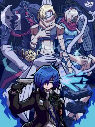 Rule 34 | 1boy, 3others, blue eyes, blue hair, evoker, gun, highres, holding, holding gun, holding weapon, messiah (persona), multiple others, orpheus (persona), persona, persona 3, realshadyghost, s.e.e.s, thanatos (persona), weapon, yuuki makoto (persona 3)