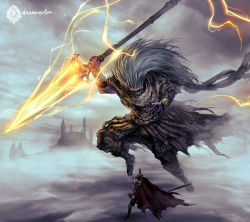 Rule 34 | abyss watcher, armor, cape, cloud, cloudy sky, commentary, crown, daemonstar, dark souls (series), dark souls iii, dual wielding, english commentary, holding, holding polearm, holding spear, holding weapon, jumping, knife, long hair, nameless king, overcast, polearm, signature, size difference, sky, spear, sword, weapon, white hair, wind