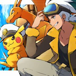 Rule 34 | 1boy, ayo (ayosanri009), belt, belt buckle, black shirt, brown jacket, buckle, captain pikachu, charizard, clothed pokemon, collarbone, commentary request, creatures (company), friede (pokemon), from side, fur-trimmed jacket, fur trim, game freak, gen 1 pokemon, goggles, goggles on head, grin, hand up, jacket, male focus, nintendo, orange eyes, pants, pikachu, pokemon, pokemon (anime), pokemon (creature), pokemon horizons, shirt, signature, smile, teeth, white hair