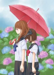 Rule 34 | 2girls, brown hair, chitose kiiro, flower, holding, holding umbrella, hydrangea, multiple girls, profile, rain, school uniform, serafuku, umbrella