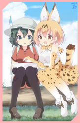 Rule 34 | 2girls, animal ear fluff, animal ears, aosora neko, backpack, bag, bare shoulders, belt, black hair, black legwear, blonde hair, blue eyes, boots, bow, bowtie, commentary request, elbow gloves, footwear bow, gloves, hat feather, helmet, high-waist skirt, highres, kaban (kemono friends), kemono friends, knees together feet apart, loafers, log, multicolored hair, multiple girls, pantyhose, pith helmet, pointing, print gloves, print legwear, print neckwear, serval (kemono friends), serval print, serval tail, shirt, shoes, short hair, short sleeves, shorts, sitting, skirt, sleeveless, t-shirt, tail, thighhighs, yellow eyes