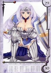 Rule 34 | 00s, 10s, 1girl, annelotte, annelotte (queen's blade), armor, armored dress, ass, blue eyes, breasts, cleavage, eiwa, elbow gloves, gloves, highres, knight princess annelotte, large breasts, long hair, navel, panties, purple hair, purple panties, queen&#039;s blade, queen&#039;s blade rebellion, shield, smile, solo, sword, thighhighs, tiara, underwear, weapon