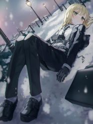 Rule 34 | 1girl, absurdres, black footwear, black pants, blazer, blonde hair, blush, boots, closed mouth, dutch angle, formal, gloves, green eyes, han seol, highres, jacket, lamppost, long hair, long sleeves, looking at viewer, lying, necktie, on back, original, outdoors, pants, shirt, smile, snow, solo, suit, white shirt