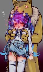 Rule 34 | amamiya kokoro, bell, blue hair, breasts, clothes lift, creatures (company), crossover, furry, furry male, furry with non-furry, fuwa uneuchi, game freak, gen 1 pokemon, grabbing, grabbing another&#039;s breast, gradient background, hair bell, hair ornament, highres, hypno, hypnosis, interspecies, mind control, nijisanji, nintendo, open mouth, penis under another&#039;s clothes, pokemon, pokemon (creature), pokephilia, skirt, skirt lift, small breasts, tagme, thigh sex, thighhighs, virtual youtuber