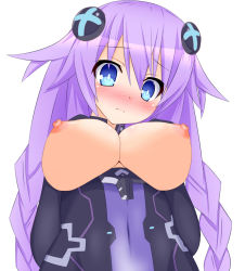 Rule 34 | 10s, 1girl, blue eyes, blush, braid, breasts, breasts out, cleavage, covered navel, embarrassed, hair ornament, large breasts, leotard, long hair, looking at viewer, looking down, neptune (neptunia), neptune (series), nipples, no bra, power symbol-shaped pupils, purple hair, purple heart (neptunia), solo, symbol-shaped pupils, tamaki (tamaki pic), twin braids