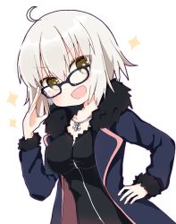Rule 34 | 1girl, :d, adjusting eyewear, black dress, blush, breasts, chibi, coat, dress, fate/grand order, fate (series), full-length zipper, fur-trimmed coat, fur trim, glasses, grey hair, hand on own hip, jeanne d&#039;arc alter (fate), jeanne d&#039;arc alter (ver. shinjuku 1999) (fate), jewelry, long sleeves, medium breasts, necklace, official alternate costume, open mouth, rabiiandrain, short dress, short hair, smile, solo, v-shaped eyebrows, white background, yellow eyes, zipper