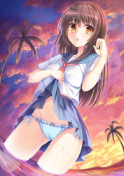 Rule 34 | blue panties, blue sailor collar, blue skirt, blush, bow, bow panties, breasts, brown eyes, brown hair, clothes lift, cloud, cloudy sky, commentary request, dutch angle, fisheye, gluteal fold, groin, hair between eyes, highres, lifting own clothes, long hair, looking at viewer, navel, neckerchief, original, outdoors, palm tree, panties, parted lips, pleated skirt, purple sky, red neckerchief, sailor collar, school uniform, serafuku, shirt, short sleeves, side-tie panties, skirt, skirt lift, sky, small breasts, solo, tree, umitonakai, underwear, very long hair, wading, wet, white shirt