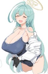 Rule 34 | 1girl, ahoge, aqua hair, black gloves, blue archive, blue one-piece swimsuit, blush, breasts, clearite, cleavage, closed eyes, collarbone, covered erect nipples, cowboy shot, cropped legs, double-parted bangs, dress shirt, gloves, halo, highres, inverted nipples, large breasts, leaning forward, long hair, looking at viewer, off shoulder, one-piece swimsuit, open clothes, open mouth, open shirt, own hands together, school swimsuit, shirt, simple background, smile, solo, standing, swimsuit, very long hair, white background, white shirt, yellow halo, yume (blue archive)
