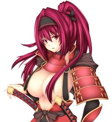 Rule 34 | 1girl, armor, breasts, cleavage, headband, highres, huge breasts, japanese armor, katana, large breasts, long hair, navel, no bra, open mouth, original, pink eyes, pink hair, ponytail, purple hair, red eyes, red hair, samurai, shoulder armor, sode, solo, sword, topless, transparent background, weapon, yui.h