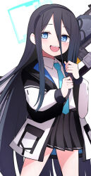 Rule 34 | 1girl, absurdly long hair, aqua halo, aris (blue archive), black hair, black skirt, blue archive, blue eyes, blue halo, blue necktie, blush, collared shirt, cowboy shot, halo, highres, jacket, long hair, long sleeves, looking at viewer, magnetic weapon, necktie, open mouth, pleated skirt, railgun, rectangular halo, shirt, simple background, skirt, smile, solo, teeth, two-sided fabric, two-sided jacket, upper teeth only, very long hair, white background, white jacket, white shirt, yun (kbdenz9)