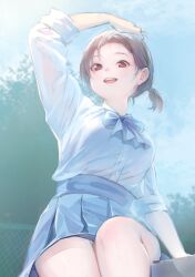 Rule 34 | 1girl, arm up, blue skirt, bow, breasts, brown hair, chain-link fence, cloud, day, fence, hand on own head, large breasts, looking at viewer, open mouth, original, outdoors, pleated skirt, red eyes, shirt, short ponytail, sitting, skirt, sky, solo, tomamatto, white shirt