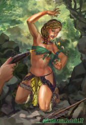 Rule 34 | 1girl, abs, amazon warrior, armpits, bare shoulders, barefoot, blonde hair, breasts, cleavage, dark-skinned female, dark skin, female focus, judash137, jungle, large breasts, legs, lips, long hair, looking at viewer, muscular, nature, navel, revealing clothes, shiny skin, solo, tattoo, thighs, toned, weapon