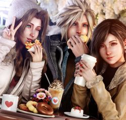 Rule 34 | 1boy, 2girls, 3d, aerith gainsborough, asymmetrical bangs, blonde hair, blue eyes, brown hair, cake, cloud strife, coat, cup, doughnut, earrings, eating, final fantasy, final fantasy vii, final fantasy vii remake, flower, food, fur trim, green eyes, hat, highres, holding, holding cup, jacket, jewelry, multiple girls, nail polish, one eye closed, parted bangs, pastry, plate, red eyes, red nails, ria-neearts, ring, sidelocks, sitting, spiked hair, square enix, straight hair, sweater, tifa lockhart, tongue, tongue out, tray, upper body, v, wavy hair, whipped cream, wink, winter clothes
