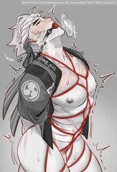 Rule 34 | 1boy, abs, arms behind back, ass, ball gag, bara, blush, bottomless, english text, erection, gag, gagged, genji (overwatch), happi genji (overwatch), headband, large pectorals, male focus, male pubic hair, muscular, muscular male, navel, nipples, nude, nuggies (nug gies), official alternate costume, overwatch, overwatch 2, partially colored, pectorals, penis, pubic hair, restrained, rope, shibari, short hair, solo