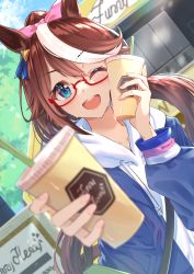 Rule 34 | 1girl, ;d, absurdres, alternate costume, animal ears, blue eyes, blue hoodie, borumete, bow, brown hair, coffee, cup, disposable cup, drawstring, drinking straw, dutch angle, glasses, hair bow, highres, holding, hood, hoodie, horse ears, horse girl, long hair, long sleeves, looking at viewer, multicolored hair, one eye closed, open mouth, pink bow, ponytail, red-framed eyewear, religious offering, semi-rimless eyewear, smile, solo, streaked hair, tokai teio (umamusume), umamusume, upper body, white hair