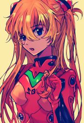 Rule 34 | 1girl, absurdres, artist request, bare legs, bare shoulders, blue eyes, breasts, hair ornament, highres, interface headset, lips, long hair, looking at viewer, neon genesis evangelion, plugsuit, shiny clothes, shiny skin, simple background, solo, souryuu asuka langley, twintails, two side up, very long hair, wide hips, yellow background