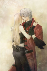 Rule 34 | 1boy, 1girl, belt, blonde hair, capcom, choker, closed eyes, coat, corset, couple, dante (devil may cry), devil may cry (series), gloves, grey hair, himmelisch-garten, leather, leather pants, long hair, pants, short hair, trench coat, trish (devil may cry)