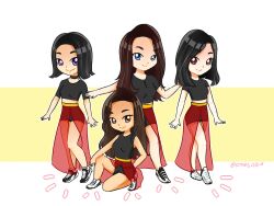 4girls black_choker black_hair black_shirt black_shorts blue_eyes bora_(sistar) brown_eyes brown_hair chibi choker commentary crop_top dasom_(sistar) english_commentary highres hyolyn_(sistar) k-pop long_hair multiple_girls notice_lines on_one_knee purple_eyes real_life see-through see-through_skirt shirt shoes short_hair shorts sistar_(group) skirt smile sneakers soyou_(sistar) star1siah twitter_username